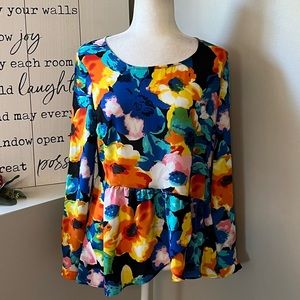 NY Collection Vibrant Floral Asymmetrical HemLong Sleeve Blouse